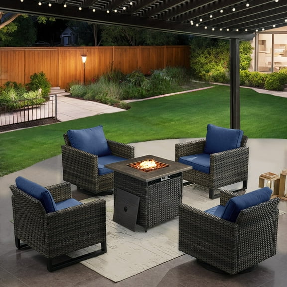 POCASSY 4 - Person Wicker Rattan Outdoor Seating Group with Square Fire Pit Table and Cushions, 2 Swivel Rocking Chairs and 2 Bistro Chairs, Deep Seat and High Chair Back, Gray/Blue