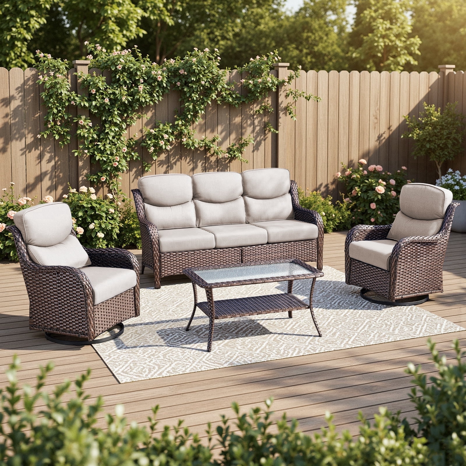 POCASSY 4-Piece Outdoor Patio Furniture Set with Swivel Chairs, Luxury High Back Rattan Wicker Outdoor Conversation Set with 5-inch Thick Seat Cushion Sofa and Swivel Glider Patio Chair for Porch