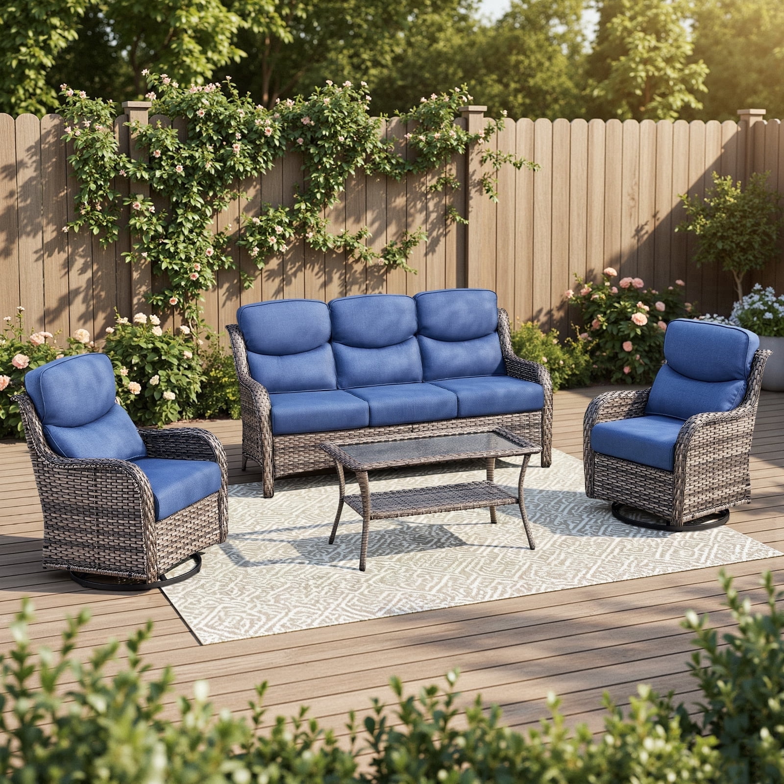POCASSY 4-Piece Outdoor Patio Furniture Set with Swivel Chairs, Luxury High Back Rattan Wicker Outdoor Conversation Set with 5-inch Thick Seat Cushion Sofa and Swivel Glider Patio Chair for Porch
