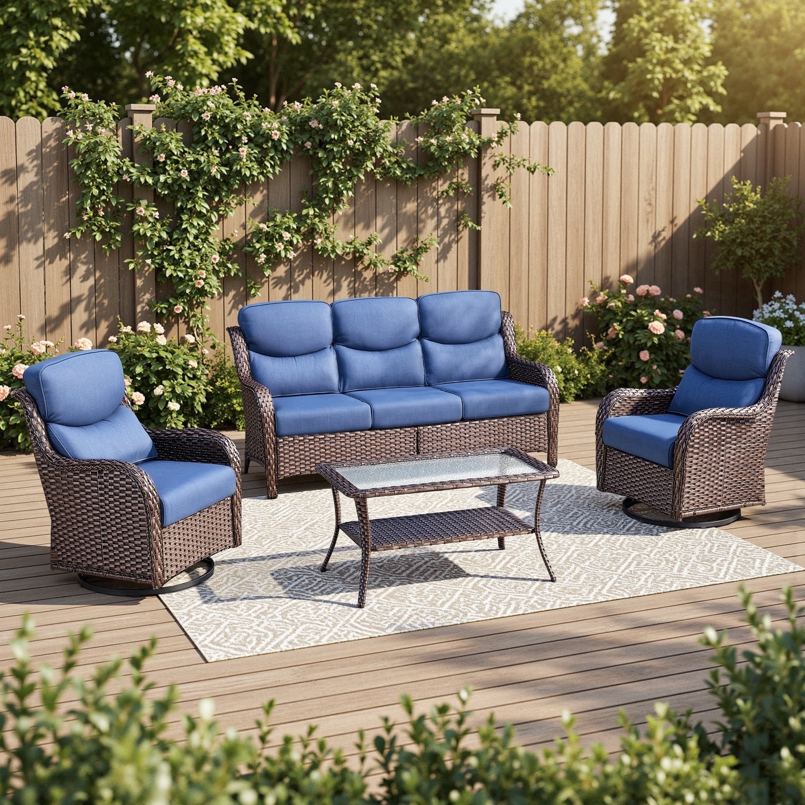 POCASSY 4-Piece Outdoor Patio Furniture Set with Swivel Chairs, Luxury High Back Rattan Wicker Outdoor Conversation Set with 5-inch Thick Seat Cushion Sofa and Swivel Glider Patio Chair for Porch