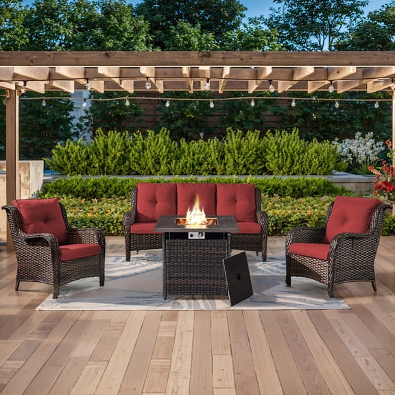 POCASSY 4 Pieces Outdoor Patio Furniture Set with Fire Pit Table, PE Resin All Weather Wicker Patio Propane Fire Pit Set with Patio Couch, Club Chairs in Red