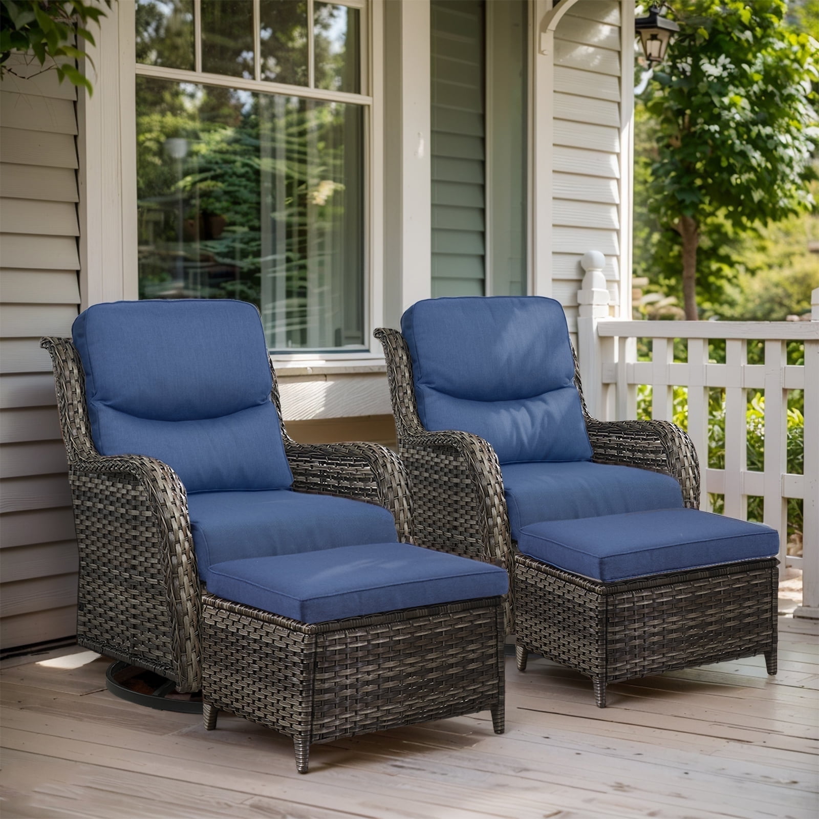 POCASSY 4 Pieces Patio Furniture Set with Swivel Chairs and Ottomans, High Back Deep Seat Cushioned Wicker Outdoor Swivel Chairs Set of 2 with Ottoman for Porch & Balcony, Gray/Blue