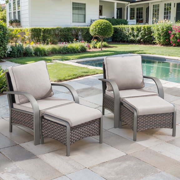 POCASSY 4 Pieces Patio Furniture Set with Wicker Chairs and Ottomans, Metal Armrest Outdoor Conversation Set Wicker Patio Chairs for Porch Outside, Brown Wicker Beige Cushion