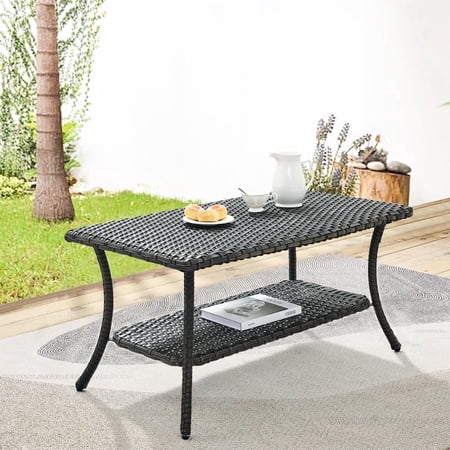 POCASSY 41.1" * 23.6" Coffee Table, Gray, Wicker Rattan, Patio, Balcony, Pool, Two-tier