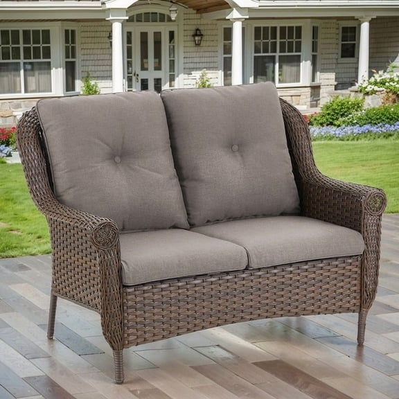 POCASSY 45" Width Outdoor Wicker Loveseat with Cushions, Loveseat Outdoor Furniture with Brown All Weather Wicker Rattan Patio Couch for Porch Deck Balcony, Blue