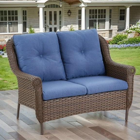 POCASSY 45" Width Outdoor Wicker Loveseat with Cushions, Loveseat Outdoor Furniture with Brown All Weather Wicker Rattan Patio Couch for Porch Deck Balcony, Blue
