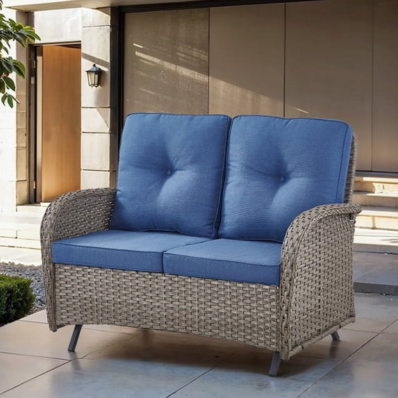 POCASSY 49.5 Inch Width Outdoor Glider Loveseat, All Weather Wicker Rattan Patio Glider Love Seat for Porch Deck Garden, Blue