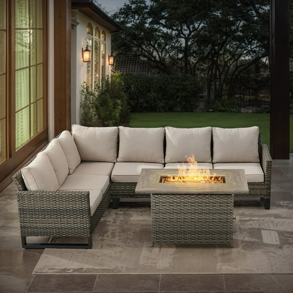 POCASSY 4PCS Outdoor Furniture Set with Fire Pit Table - All Weather Gray Wicker Outdoor Sectional Sofa with 41" Propane Firepit Table for Deck, Porch, Garden - Beige
