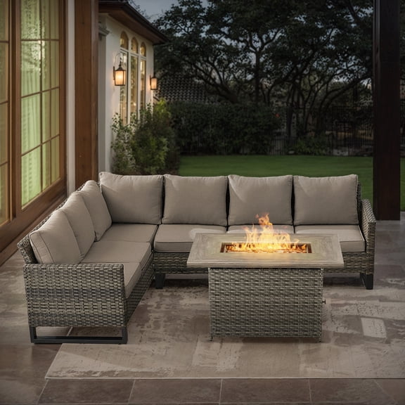 POCASSY 4PCS Outdoor Furniture Set with Fire Pit Table - All Weather Gray Wicker Outdoor Sectional Sofa with 41" Propane Firepit Table for Deck, Porch, Garden - Gray