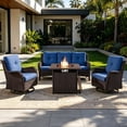 thumbnail image 1 of POCASSY 4PCS Patio Furniture Set with Fire Pit Table, Brown Wicker Weather-Resistant Outdoor Conversation Set with Sofa, Swivel Patio Chair and 50000BTU Propane Fire Pit Ideal for Porch Deck in Blue, 1 of 20