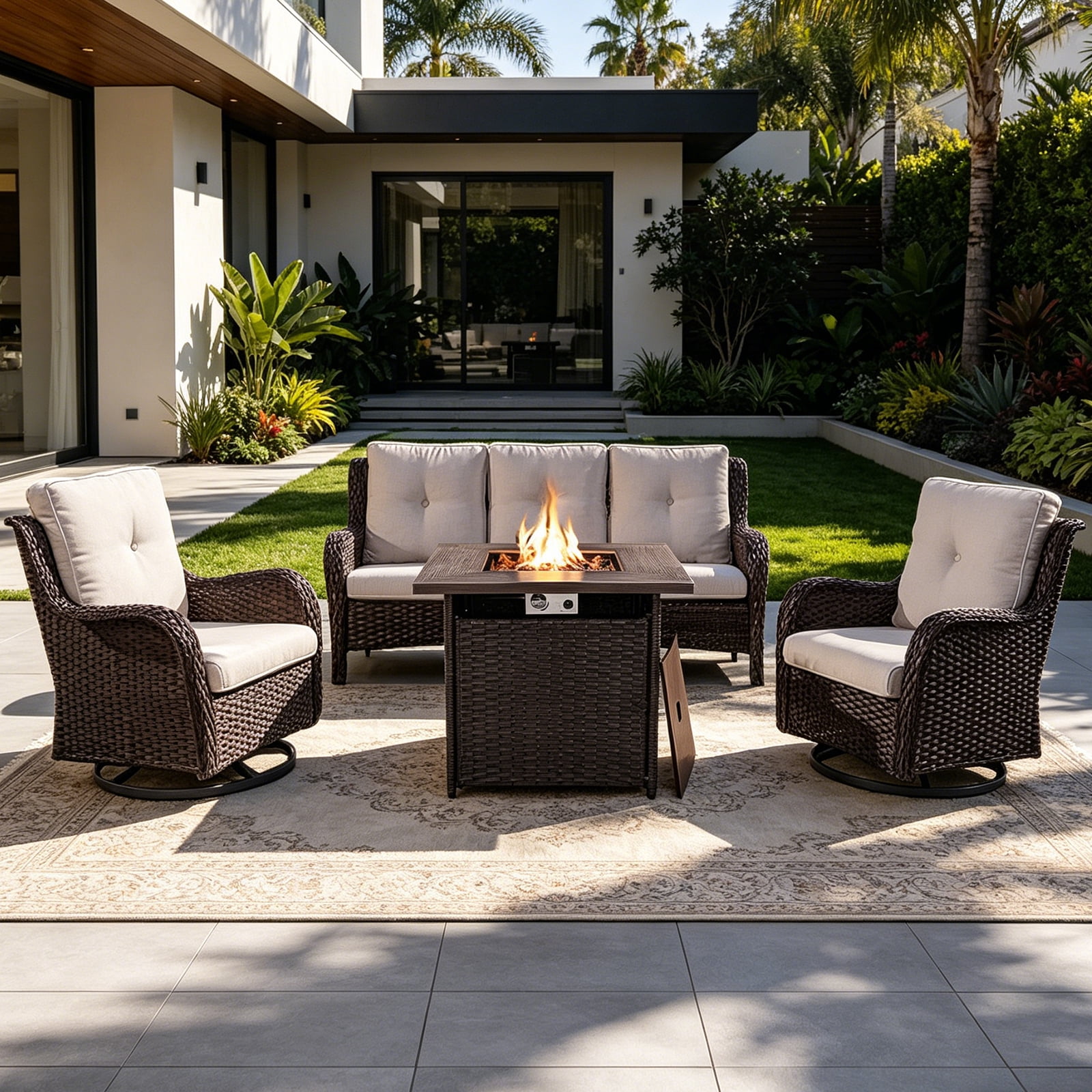 POCASSY 4PCS Patio Furniture Set with Fire Pit Table, Brown Wicker — free download