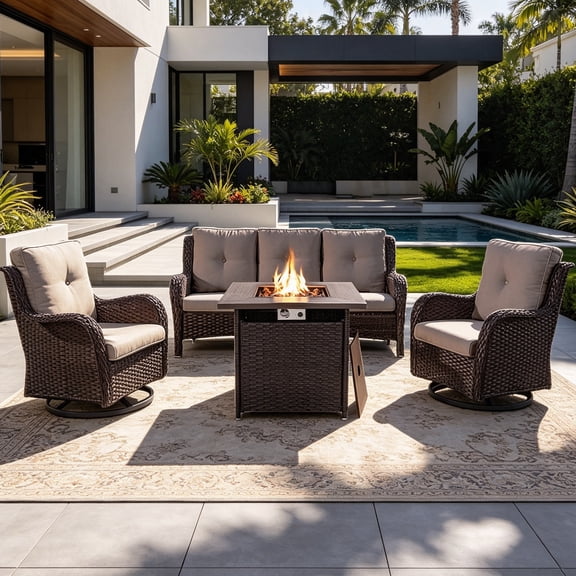 POCASSY 4PCS Patio Furniture Set with Fire Pit Table, Brown Wicker Weather-Resistant Outdoor Conversation Set with Sofa, Swivel Patio Chair and 50000BTU Propane Fire Pit Ideal for Porch Deck in Gray