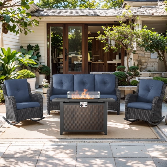 POCASSY 4PCS Patio Furniture Set with Fire Pit Table, Outdoor Patio Furniture Set with Wicker Patio Couch Outdoor Rocking Chair and 43" Propane Firepit Table Rectangular, Brown Wicker & Blue Cushion