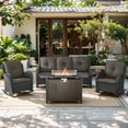 thumbnail image 1 of POCASSY 4PCS Patio Furniture Set with Fire Pit Table, Outdoor Patio Furniture Set with Wicker Patio Couch Outdoor Rocking Chair and 43" Propane Firepit Table Rectangular, Brown Wicker & Gray Cushion, 1 of 12