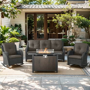 POCASSY 4PCS Patio Furniture Set with Fire Pit Table, Outdoor Patio Furniture Set with Wicker Patio Couch Outdoor Rocking Chair and 43" Propane Firepit Table Rectangular, Brown Wicker & Gray Cushion