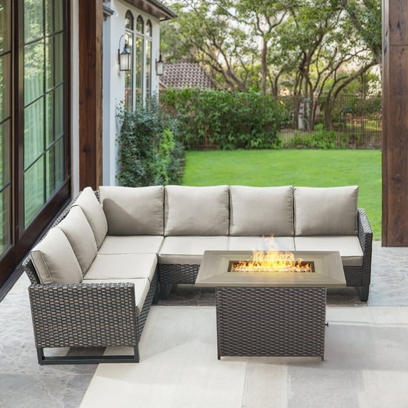 POCASSY 4PCS Patio Furniture Set with Fire Pit Table - All Weather Brown Wicker Outdoor Sectional Sofa with 41" Rectangular Propane Firepit Table, Anti-slip Cushions Water Resistant Cover - Beige