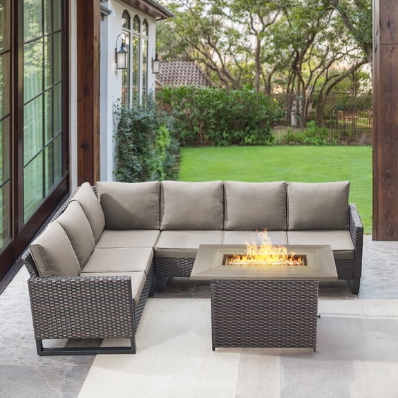 POCASSY 4PCS Patio Furniture Set with Fire Pit Table - All Weather Brown Wicker Outdoor Sectional Sofa with 41" Rectangular Propane Firepit Table, Anti-slip Cushions Water Resistant Cover - Gray
