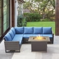 thumbnail image 1 of POCASSY 4PCS Patio Furniture Set with Fire Pit Table - All Weather Brown Wicker Outdoor Sectional Sofa with 41" Rectangular Propane Firepit Table, Anti-slip Cushions Water Resistant Cover - Blue, 1 of 14