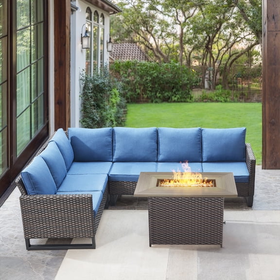 POCASSY 4PCS Patio Furniture Set with Fire Pit Table - All Weather Brown Wicker Outdoor Sectional Sofa with 41" Rectangular Propane Firepit Table, Anti-slip Cushions Water Resistant Cover - Blue