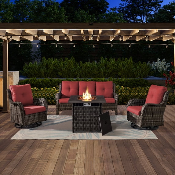 POCASSY 4PCS Patio Furniture Set with Fire Pit Table, Weather-Resistant Wicker Patio Fire Pit Set with Sofa, Outdoor Rocker Swivel Patio Chair and 50000BTU Propane Fire Pit