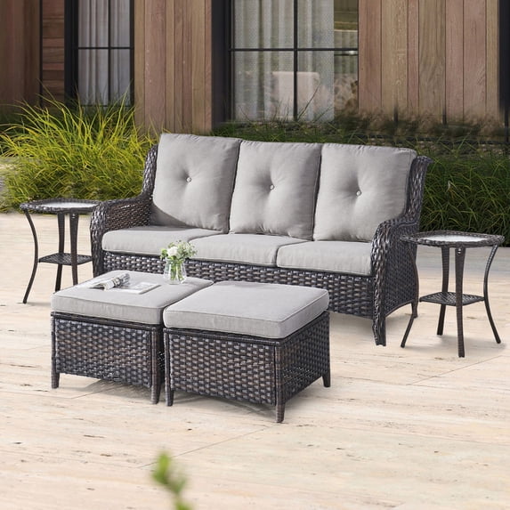 POCASSY 5 Piece Outdoor Conversation Furniture Set Wicker Sofa Seating Group with Cushions for Backyord, Garden, Pool
