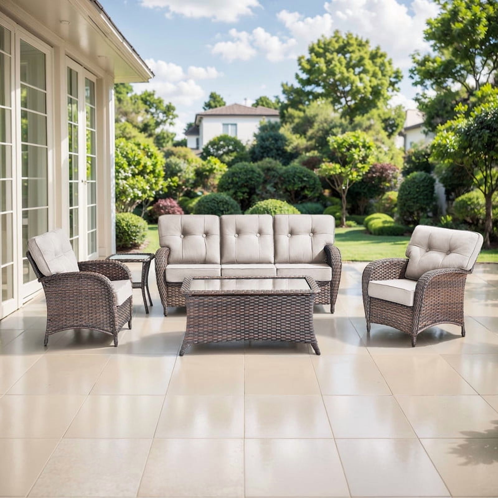 POCASSY 5 Piece Patio Furniture Set, All Weather Brown Wicker Outdoor Patio Furniture Set Patio Sofa Set with Club Lounge Chair and Coffee Table