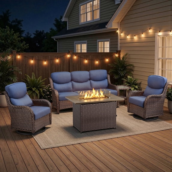 POCASSY 5-Piece Patio Furniture Set with Fire Pit Table, Luxury High Back Rattan Wicker Outdoor Conversation Set with 5-inch Thick Seat Cushion Sofa and Swivel Glider Patio Chair for Porch