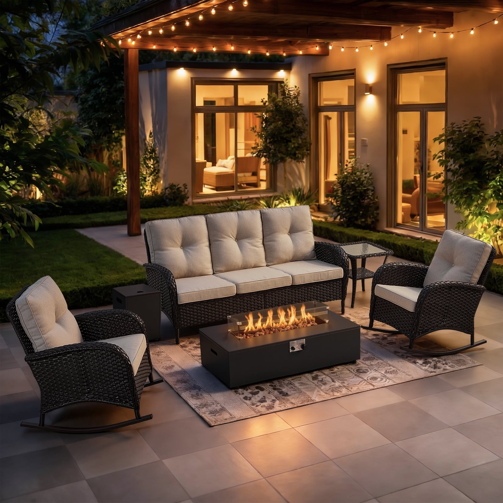 POCASSY 5 Pieces Black Wicker Outdoor Furniture Set, High Back Outdoor Conversation Set with Patio Rocking Chairs and External Propane Tank Firepit