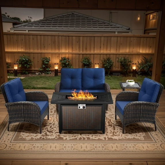 POCASSY 5 Pieces Fire Pit Table Set Patio Furniture with Glider Loveseat, All Weather Outdoor Conversation Set with Cushioned Patio Loveseat and Wicker Patio Chairs, Brown Wicker Blue Cushion