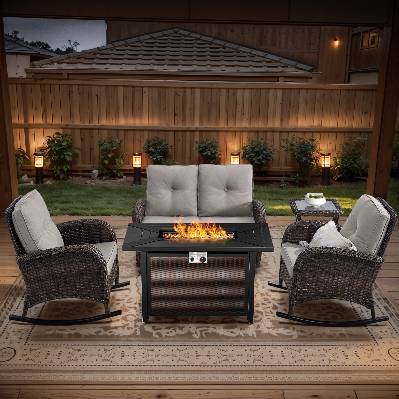 POCASSY 5 Pieces Fire Pit Table Set Patio Furniture with Glider