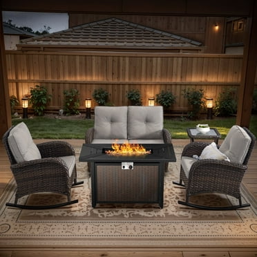 POCASSY 5 Pieces Fire Pit Table Set Patio Furniture with Glider Loveseat, All Weather Outdoor Furniture Set with Cushioned Patio Loveseat and Outdoor Rocking Chairs, Brown Wicker Beige Cushion
