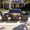 thumbnail image 1 of POCASSY 5 Pieces Outdoor Patio Furniture Set with Fire Pit Table, High Back Patio Furniture Swivel Chair and Sofa, 43" Propane Fire Pit for Porch Deck Backyard, Brown Wicker & Blue Cushion, 1 of 14