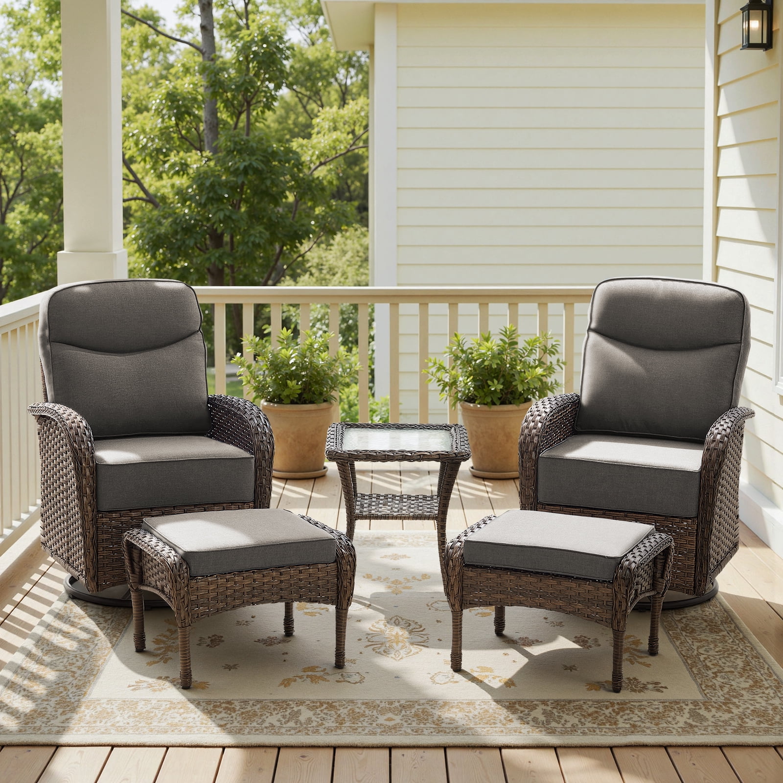POCASSY 5 Pieces Outdoor Patio Furniture Set with Swivel Glider Patio Chairs Set of 2, Brown Wicker High Back Outdoor Conversation Set with Swivel Patio Chair, Ottoman, and Side Table, Gray Cushion