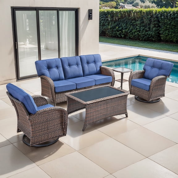 POCASSY 5 Pieces Patio Furniture Set with 5" Thick Cushions, Wicker Patio Set with Swivel Gliding Rocker Chairs, Sofa, Coffee Table and Accent Side Table for Porch Balcony, Blue Cushion