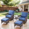 thumbnail image 1 of POCASSY 5 Pieces Patio Furniture Set, 5-inch Wide Armrest Swivel Rocking Patio Chairs and Outdoor Couch, Deep Seat Patio Set with Glass Top Coffee Table, Wicker Conversation Set for Outside in Blue, 1 of 12