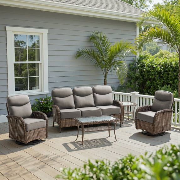 POCASSY 5 Pieces Patio Furniture Set with 6-inch Thick Cushion, Brown Wicker High Back Outdoor Couch and Swivel Glider Patio Chairs, Sectional Patio Set Ideal for Front Porch Backyard , Gray Cushion