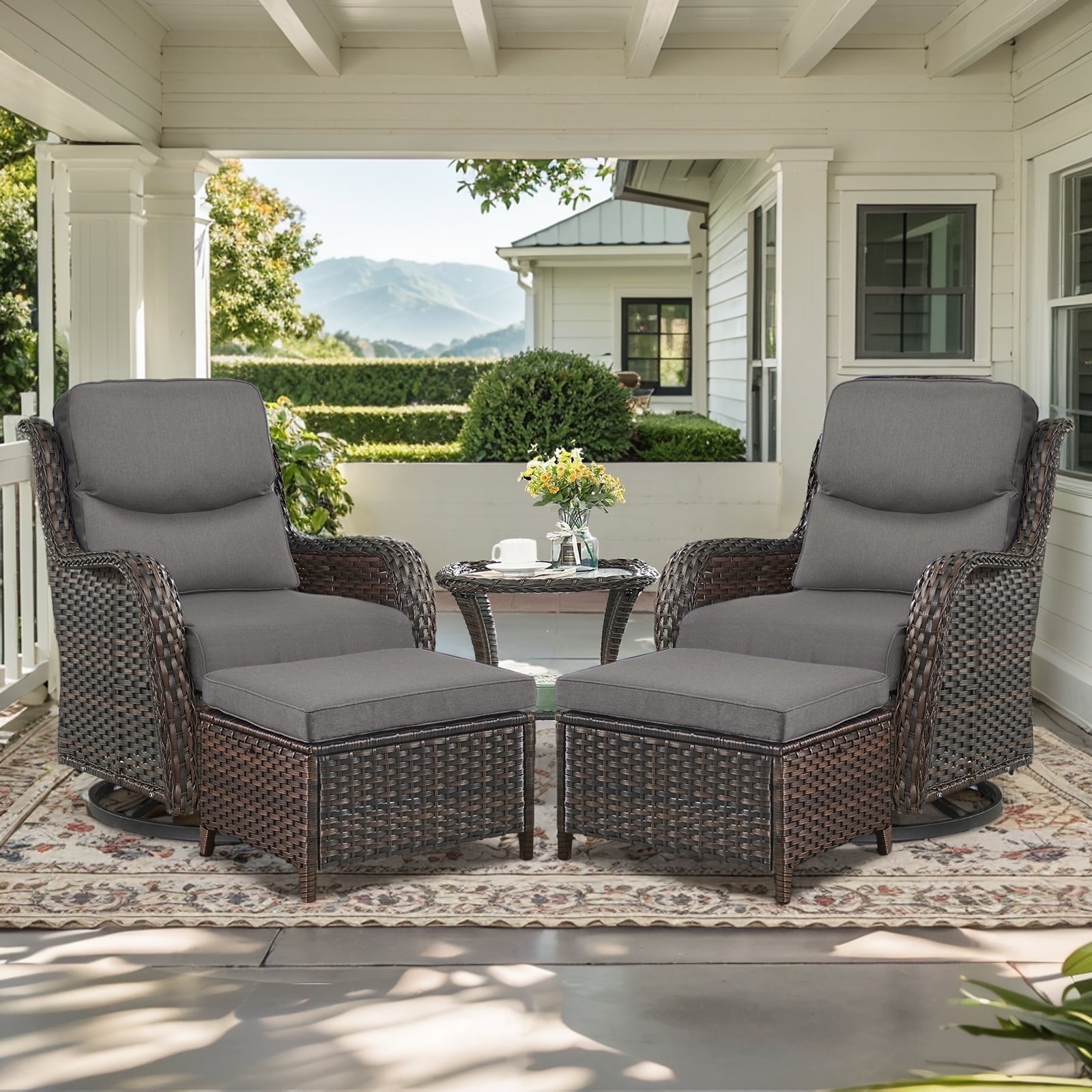 POCASSY 5 Pieces Patio Furniture Set with Swivel Chairs and Ottomans, High Back Deep Seat Cushioned Wicker Outdoor Conversation Set for Porch & Balcony, Brown Wicker/Gray Cushion
