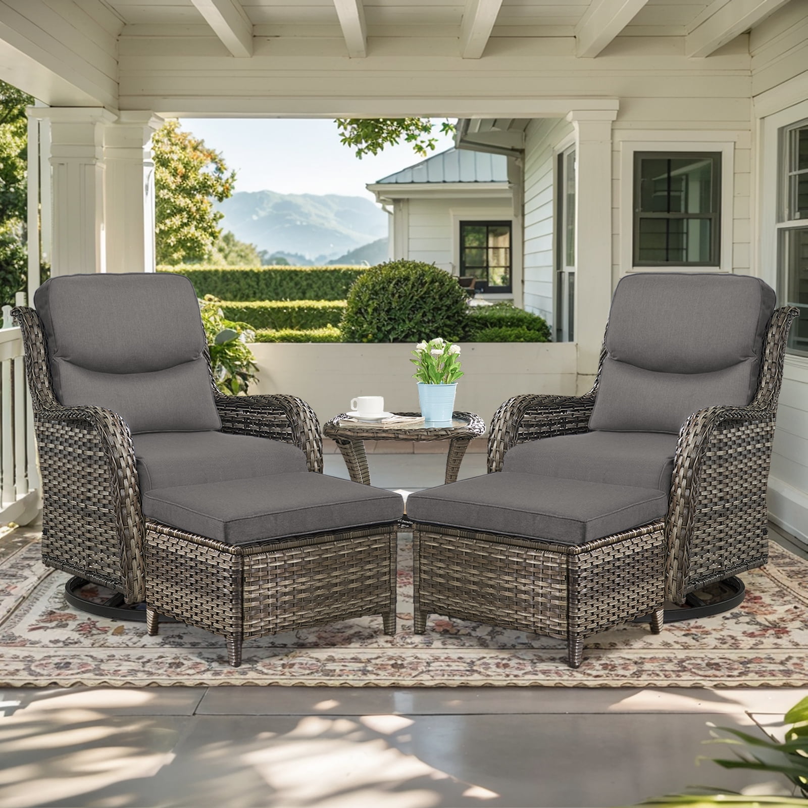 POCASSY 5 Pieces Patio Furniture Set with Swivel Chairs and Ottomans, High Back Deep Seat Cushioned Wicker Outdoor Conversation Set for Porch & Balcony, Gray Wicker/Beige Cushion