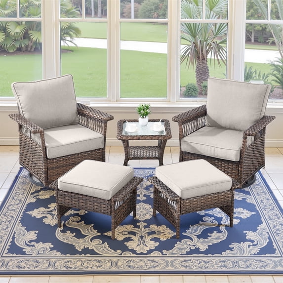 POCASSY 5 Pieces Patio Furniture Set, All Weather Brown Wicker Outdoor Conversation Set with Swivel Patio Chairs Set of 2, Small Balcony Furniture Set Bistro Set in Beige
