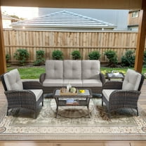 POCASSY 5 Pieces Patio Furniture Set, Wicker Patio Conversation Set with Patio Couch Wicker Patio Chairs, Deep Seat Patio Set with 2-Tier Glass Top Coffee Table for Outside Porch Deck in Beige
