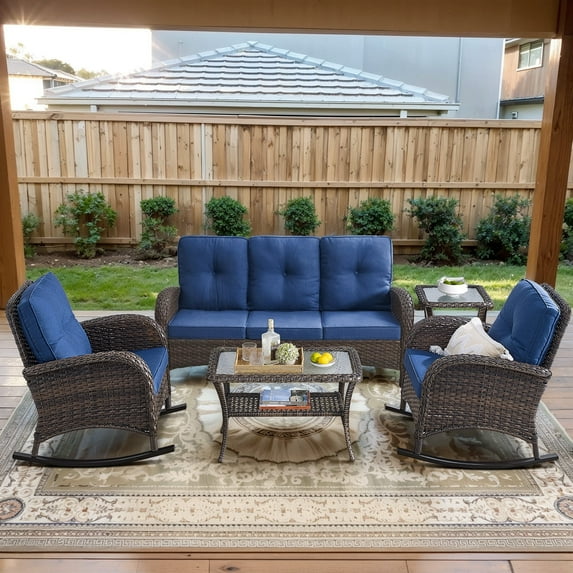 POCASSY 5 Pieces Patio Furniture Set, Wicker Patio Conversation Set with Rocking Chairs Outdoor, Patio Couch, Deep Seat Patio Set with Glass Top Coffee Table for Outside in Blue