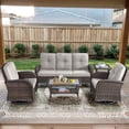 thumbnail image 1 of POCASSY 5 Pieces Patio Furniture Set, Wicker Patio Conversation Set with Swivel Rocking Patio Chairs, Outdoor Couch, Deep Seat Patio Set with Glass Top Coffee Table for Outside in Beige, 1 of 11