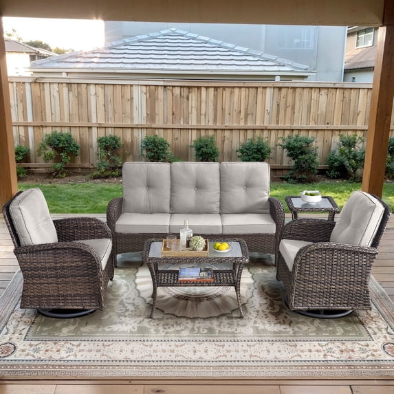 POCASSY 5 Pieces Patio Furniture Set, Wicker Patio Conversation Set with Swivel Rocking Patio Chairs, Outdoor Couch, Deep Seat Patio Set with Glass Top Coffee Table for Outside in Beige