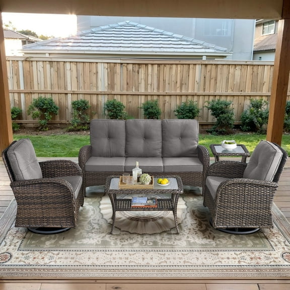 POCASSY 5 Pieces Patio Furniture Set, Wicker Patio Conversation Set with Swivel Rocking Patio Chairs, Outdoor Couch, Deep Seat Patio Set with Glass Top Coffee Table for Outside in Gray