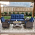 thumbnail image 1 of POCASSY 5 Pieces Patio Furniture Set, Wicker Patio Conversation Set with Swivel Rocking Patio Chairs, Outdoor Couch, Deep Seat Patio Set with Glass Top Coffee Table for Outside in Blue, 1 of 11
