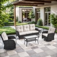 thumbnail image 1 of POCASSY 5 Pieces Patio Furniture Set with Patio Couch Swivel Patio Chair Coffee Table and Side Table, Black Wicker Beige Cushion, 1 of 12