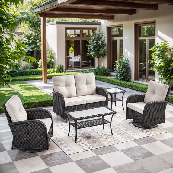 POCASSY 5 Pieces Patio Furniture Set with Patio Glider Loveseat Swivel Patio Chair Coffee Table and Side Table, Black Wicker Beige Cushion