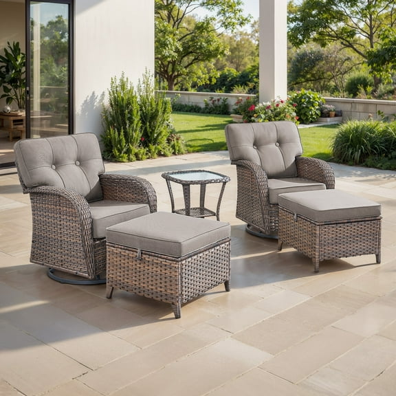 POCASSY 5 Pieces Small Patio Furniture Set with Patio Swivel Gliding Rocker Chairs, Weather Resistant Outdoor Conversation Set with Wide Back Rocker