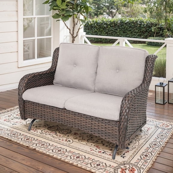 POCASSY 52" Width Outdoor Loveseat, Rocking Glider All Weather Wicker Patio Loveseat with Deep Seat for Porch Balcony and Backyard, Beige