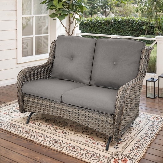POCASSY 52" Width Outdoor Loveseat, Rocking Glider All Weather Wicker Patio Loveseat with Deep Seat for Porch Balcony and Backyard, Gray